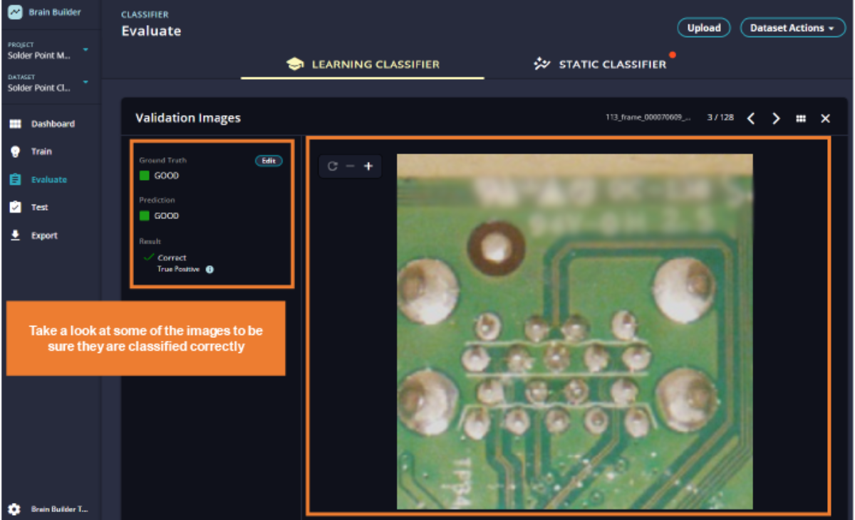 Brain Builder UI view where you can check some of the images to make sure that they are classifier correctly by the Learning Classifier