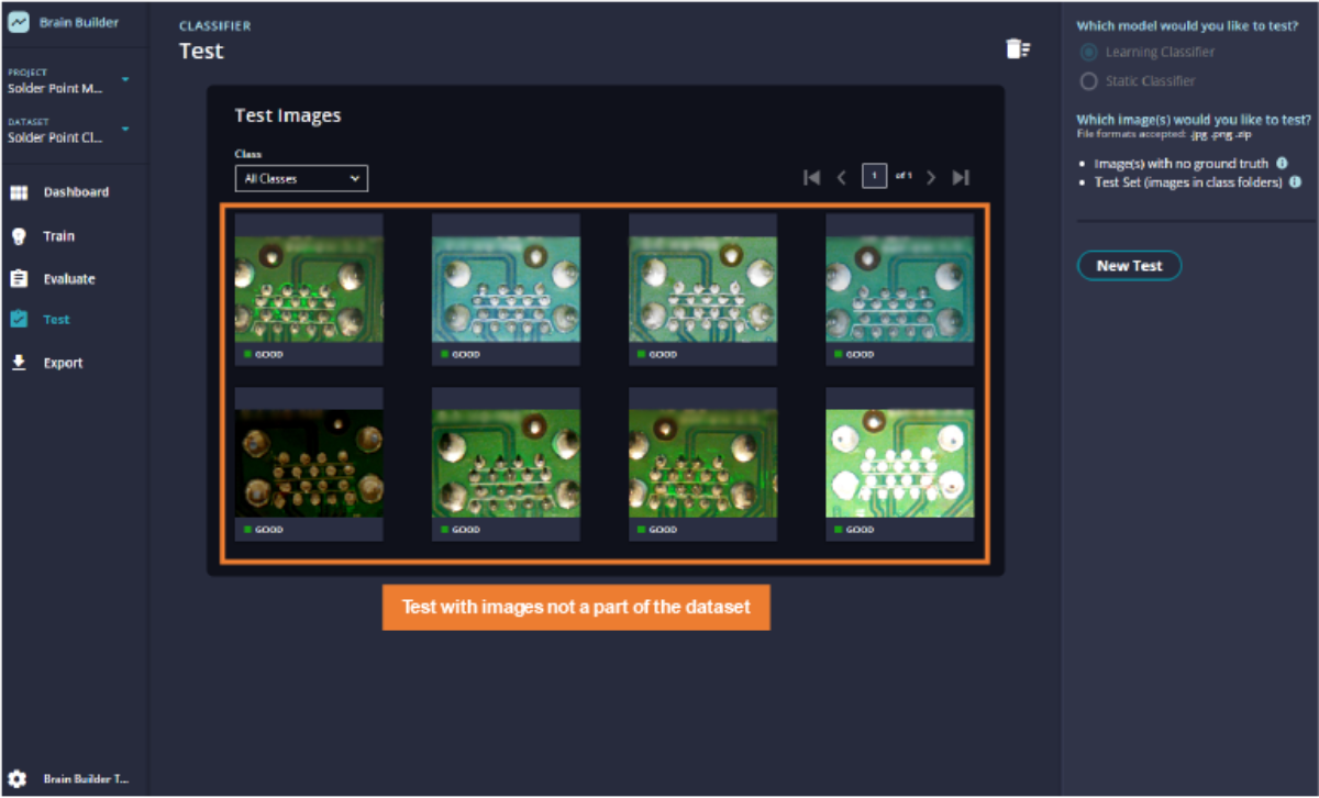 Brain Builder user interface showing dataset test results
