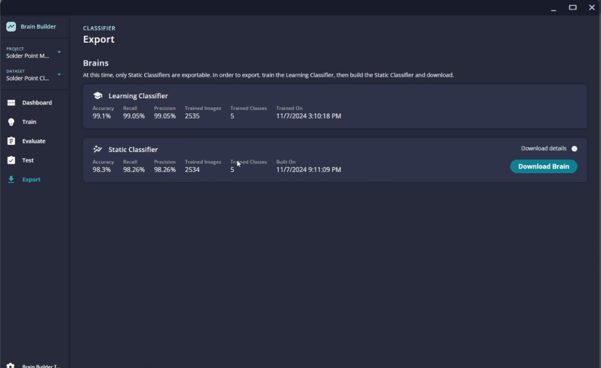 Brain Builder user interface showing the contents of the Export AI Model tab