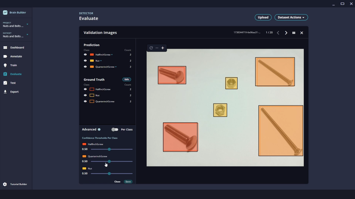 Brain Builder user interface showing where you can adjust dataset thresholds