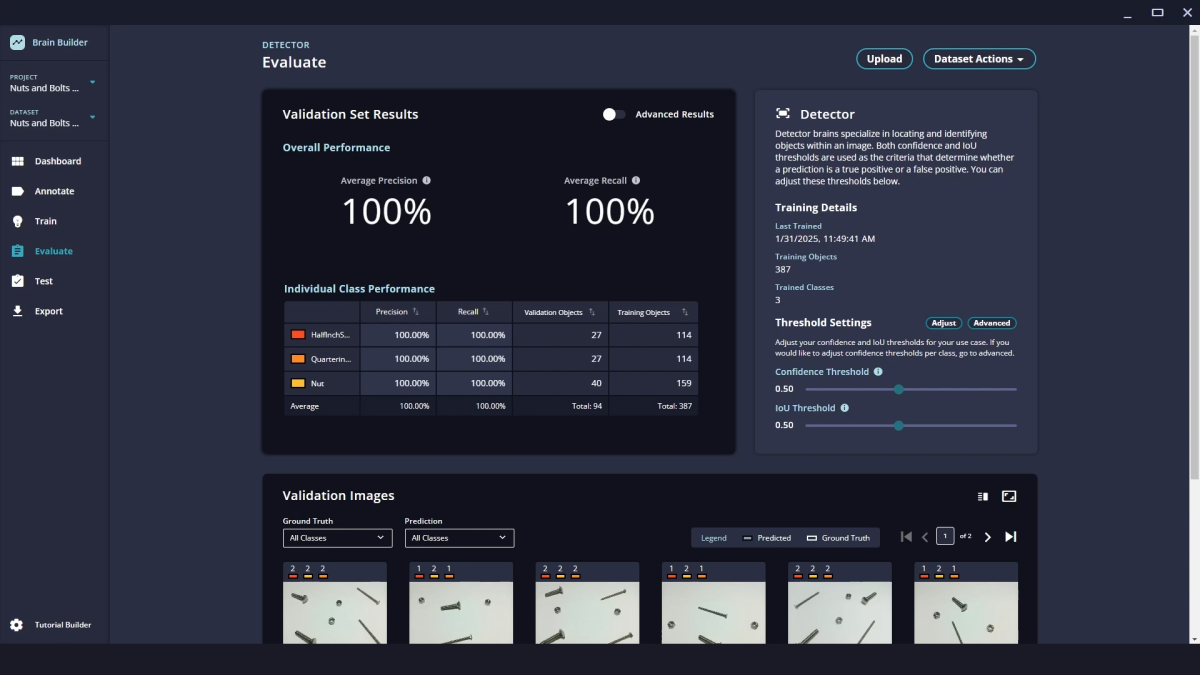 Brain Builder user interface showing the Evaluation tab