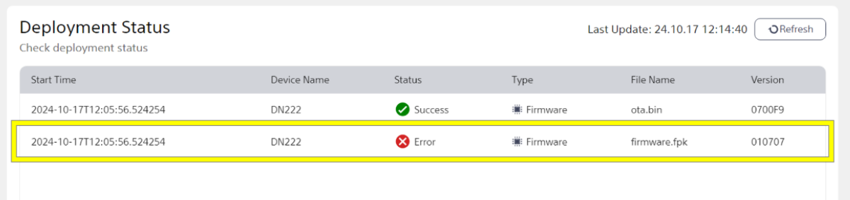 Screenshot of the Deployment Status on the Deployment page in Local Edition showing an error for firmware update