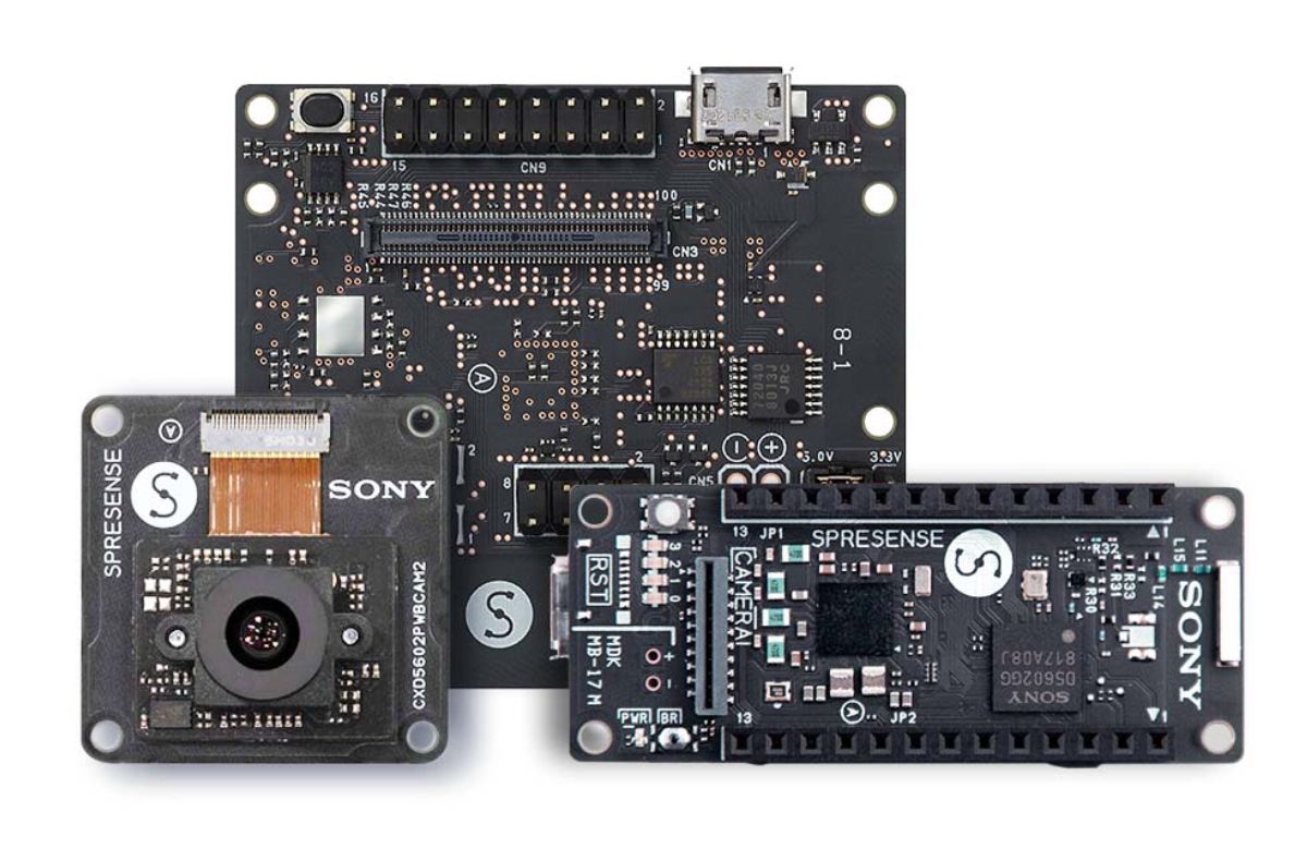 Spresense product photo with 3 boards of which one HDR camera board, one main board and one LTE extension board