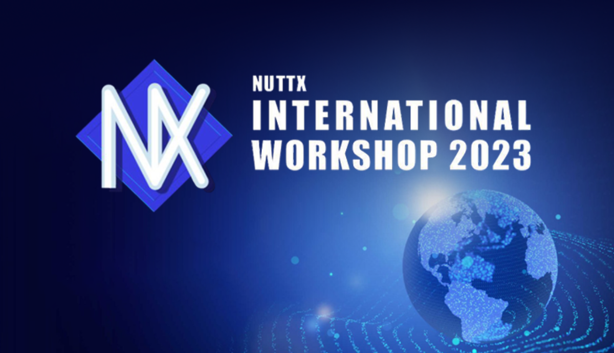NuttX International Workshop title banner with a world globe on a gradient blue background