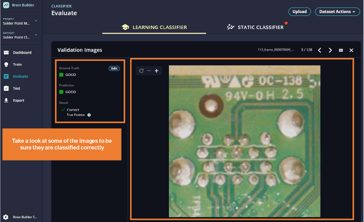 Brain Builder UI view where you can check some of the images to make sure that they are classifier correctly by the Learning Classifier