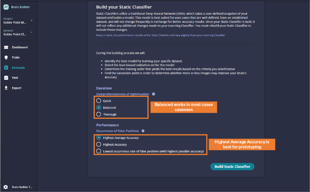 Brain Builder UI view where you can choose the settings to build the Static Classifier