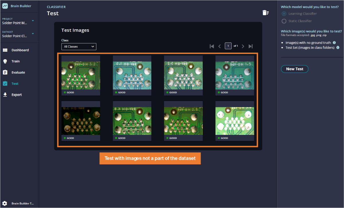 Brain Builder UI view showing how you test your AI model with images that are not part of the dataset