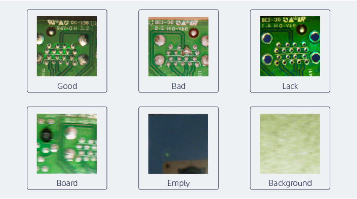 Images of boards classified as good, bad, lack