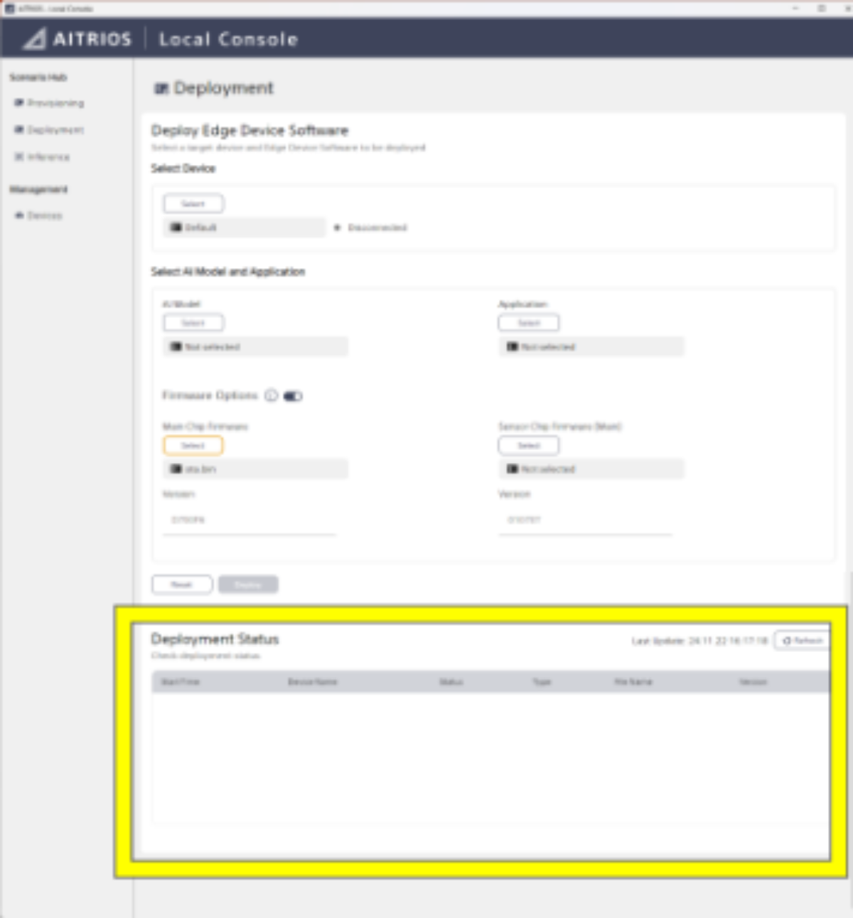 Screenshot of the Deployment page in Local Edition